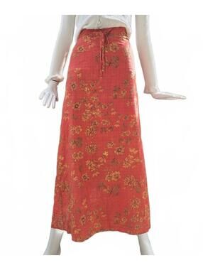 The Korner Boho Retro Floral Maxi Orange Cotton Drawstring Skirt, Casual Chic Lg